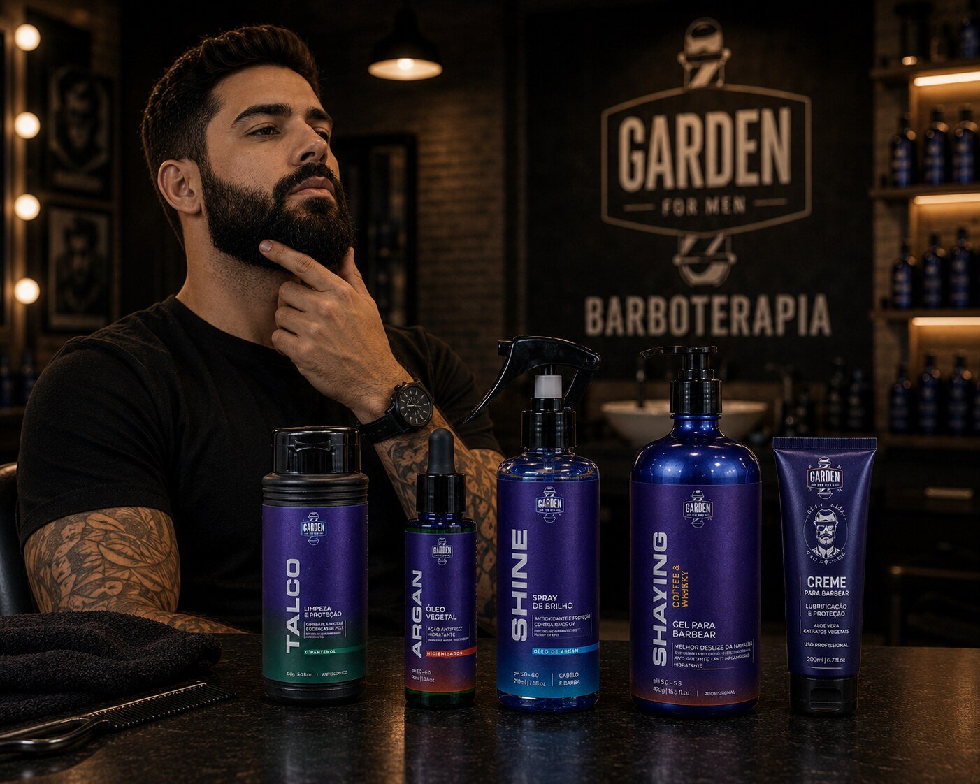 Barba masculina bem cuidada com produtos de barboterapia